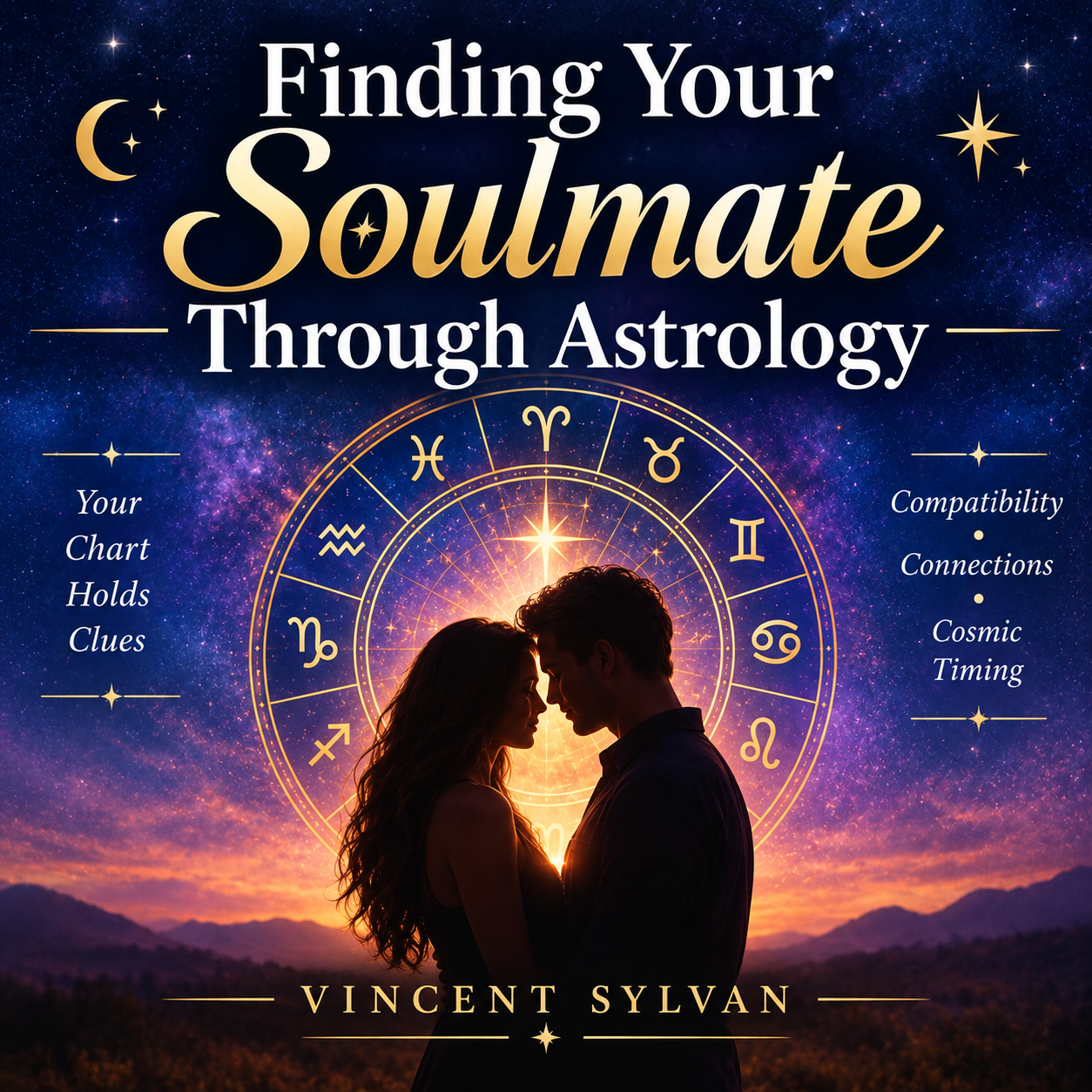 Finding Your Soulmate Through Astrology book cover by Vincent Sylvan featuring a couple beneath a zodiac wheel